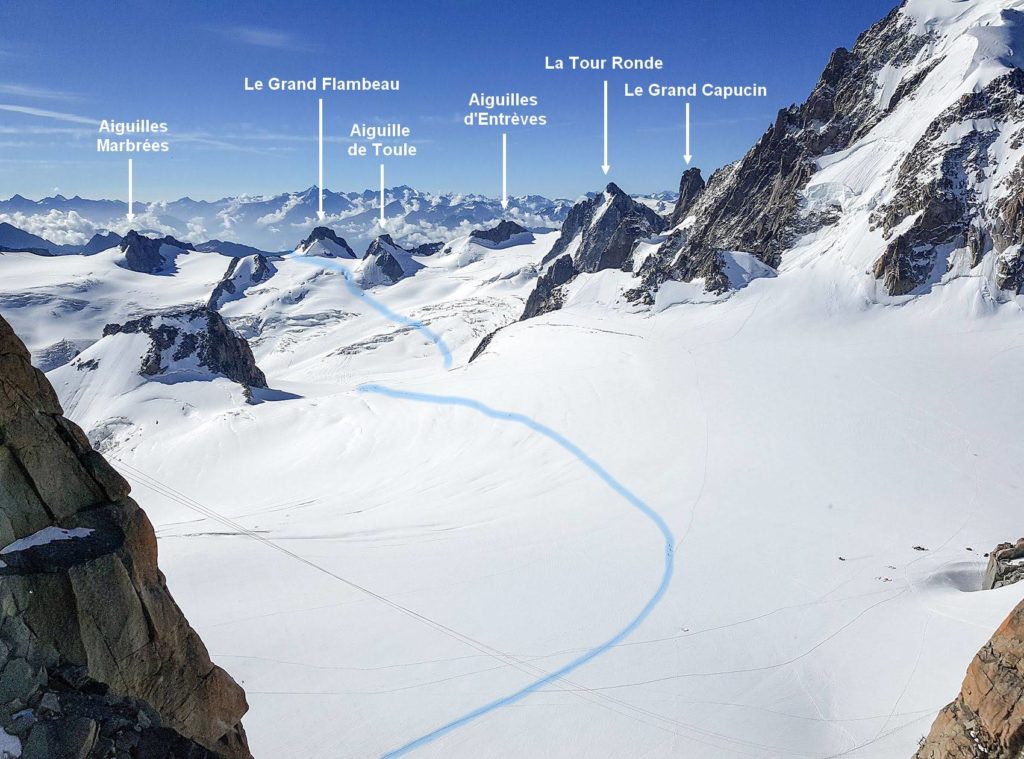 Tracé de l'itinéraire vu de l'Aiguille du Midi