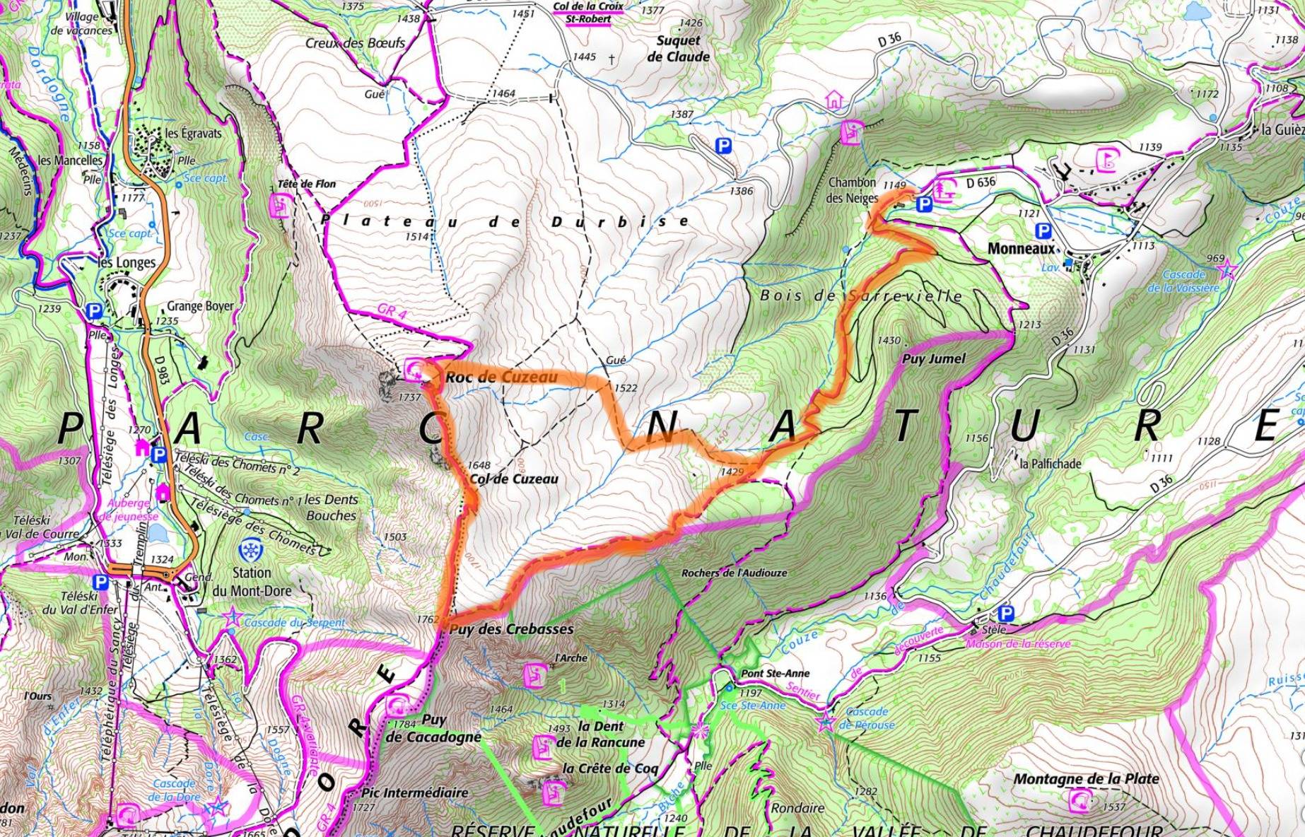 Carte IGN de la randonnée Chambon des Neiges - Puy de Crebasses- Roc de Cuzeau