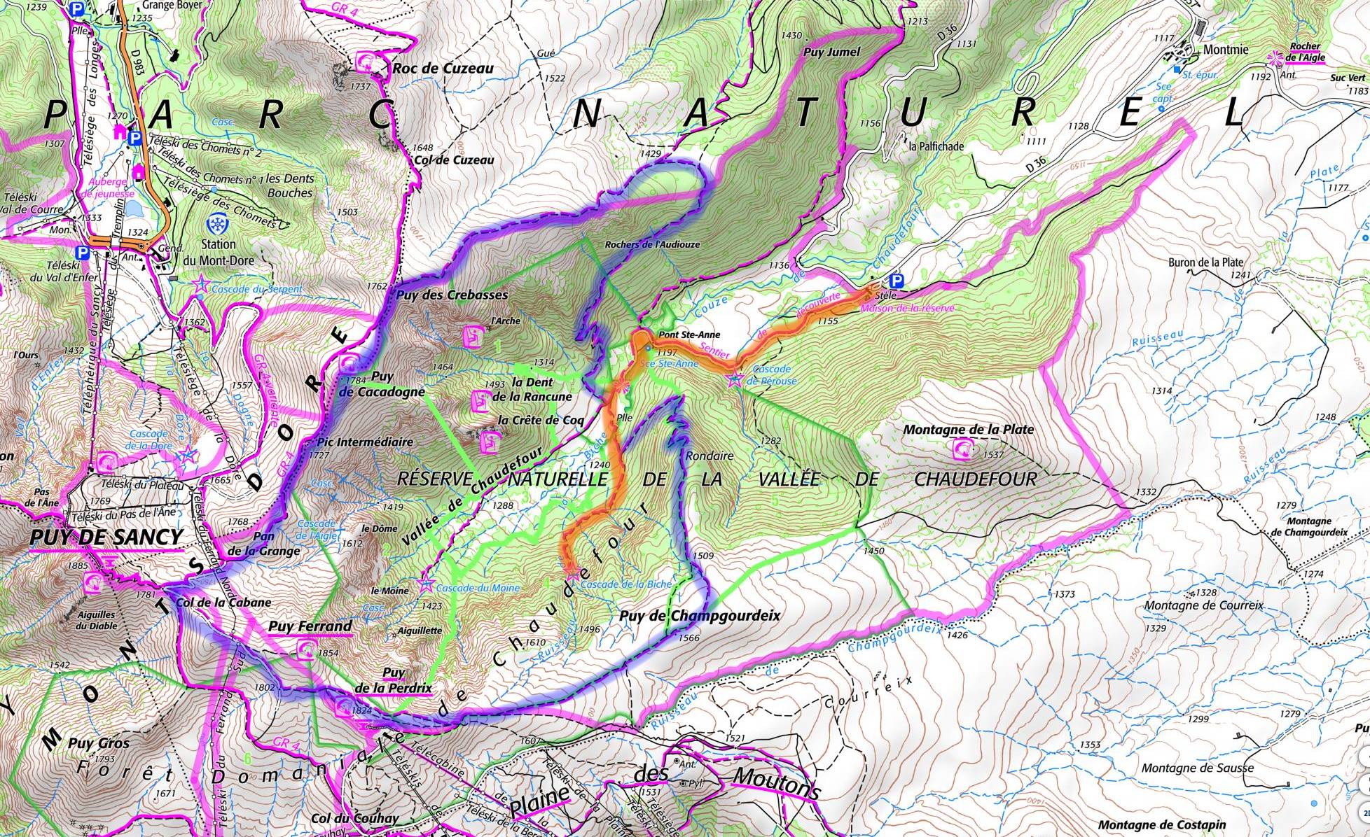 Carte IGN de la randonnée de la  Vallée de Chaudefour en hiver